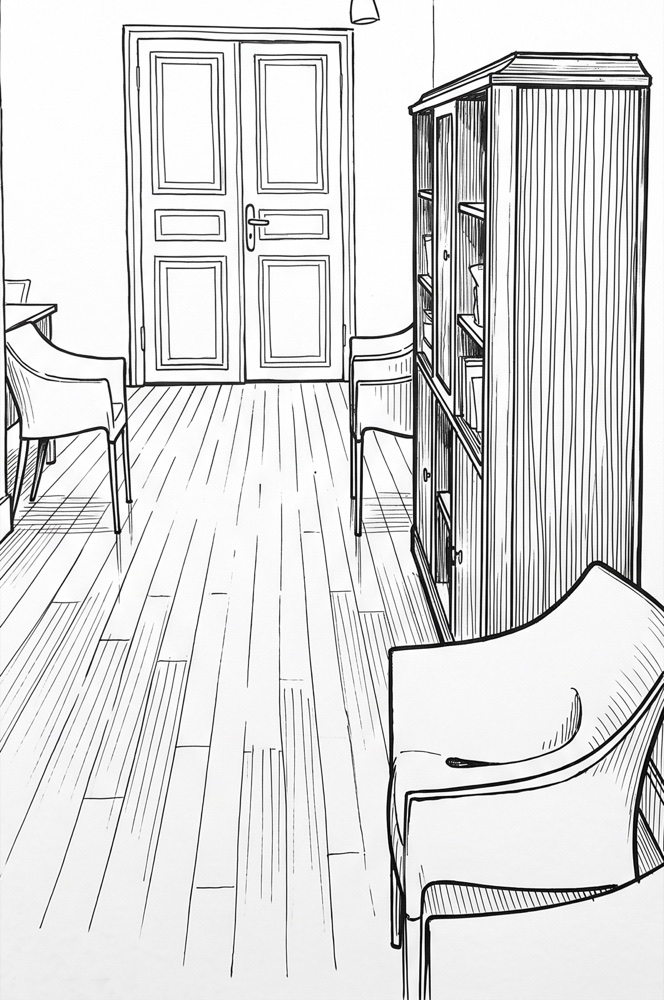 Dessin au trait du cabinet : le couloir, la bibliothèque et les fauteuils de l’accueil.