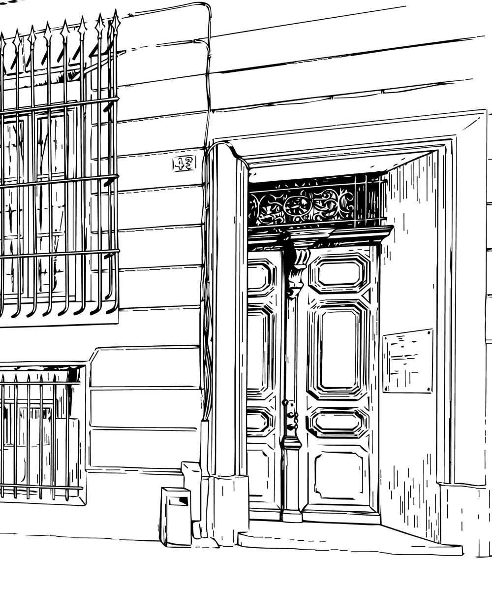 Dessin au trait de la façade du cabinet : fenêtres à grilles et porte d’entrée à double battant.